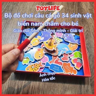 Bộ đồ chơi câu cá gỗ 34 sinh vật biển nam châm cho bé trò chơi câu cá câu ếch gỗ cho trẻ đồ chơi giáo dục sớm TOYLIFE
