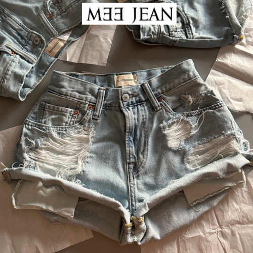 Quần short jean RÁCH, Quần đùi jean nữ lưng cao màu xanh nhạt size XS-XXL - Mee jean