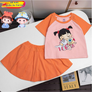 Sét áo thun cotton hình bé gái phối chân váy xếp ly