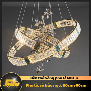 Đèn thả vòng pha lê K9 cao cấp đính đá trang trí phòng khách sang trọng sáng 3 màu kích thước 800+600 MKF37