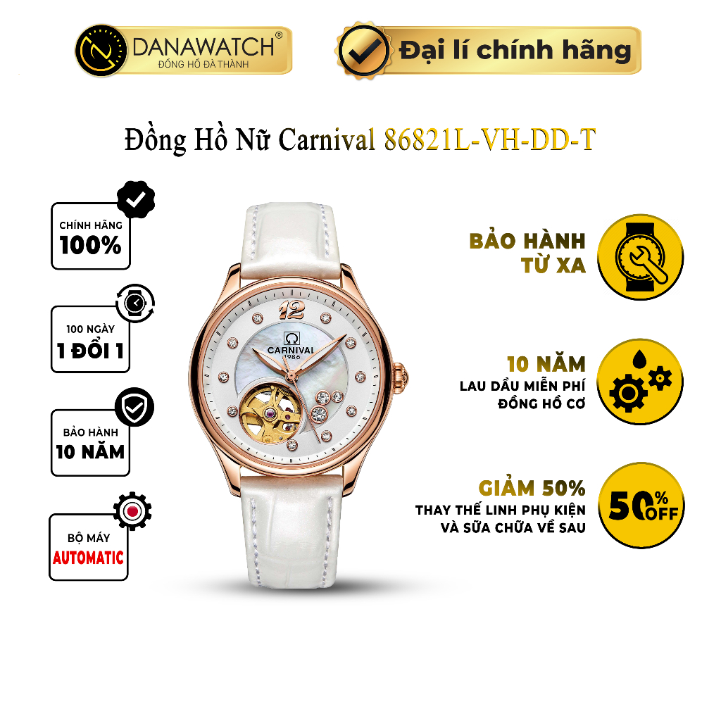 Đồng hồ nữ Carnival 86821L-VH-DD-T lộ cơ, máy Automatic Japan, kính sapphire, dây da, chống nước, chính hãng