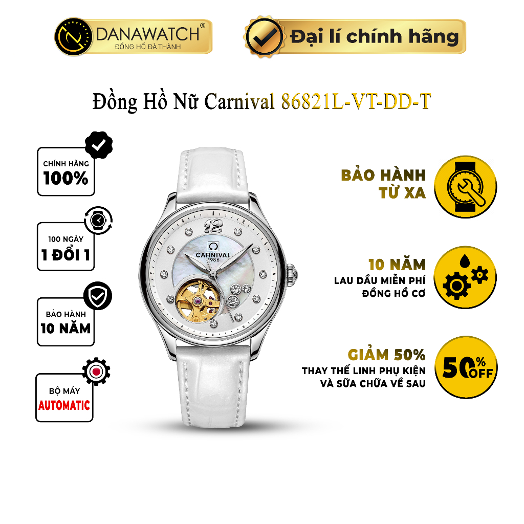 Đồng hồ nữ Carnival 86821L-VT-DD-T lộ cơ, máy Automatic Japan, kính sapphire, dây da, chống nước, chính hãng