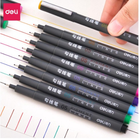 Bộ 9 bút line đi nét nhiều màu Deli ngòi bọc kim loại 0.5mm-S572