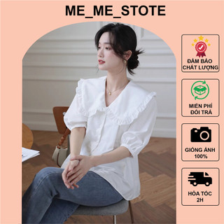 Áo sơ mi tiểu thư lá cổ bèo ngắn tay dáng rộng phong cách Hàn Quốc phù hợp đi học đi chơi đi làm