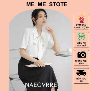 Áo sơ mi cổ bẻ buộc nơ tay ngắn bồng dáng rộng phong cách Hàn Quốc đi học đi chơi đi làm