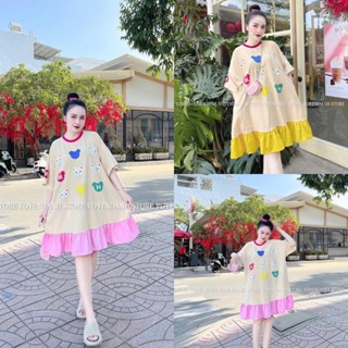Váy babydoll tay bồng in mặt gấu dáng rộng thời trang chất cotton phối voan bầu mặc xinh