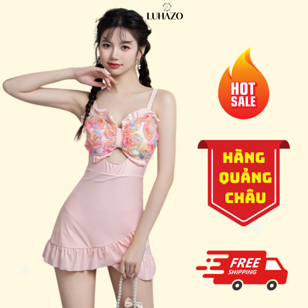 Bikini liền thân 1 mảnh 2 dây LUHAZO dáng váy kết hoa ngực nhiều màu xinh xắn chân váy nhún bèo tiểu thư 9453