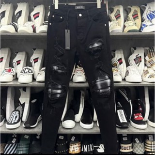 [M1] Quần AMIRI 4 Cúc Đen Vá Vải Xám Loang Nhăn Ống Côn Bó Sát Quần Bò màu đen gói vá xù co dãn 4 chiều kèm ảnh thật