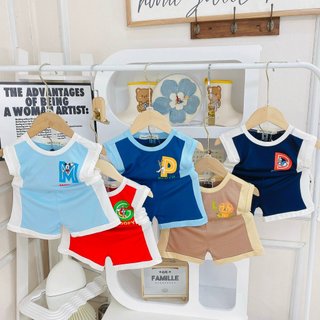 Bộ đồ thun lạnh sat nach phối in trước ngực Polyester Trơn Tay ngắn đi học đi chơi mặc nhà đều mát