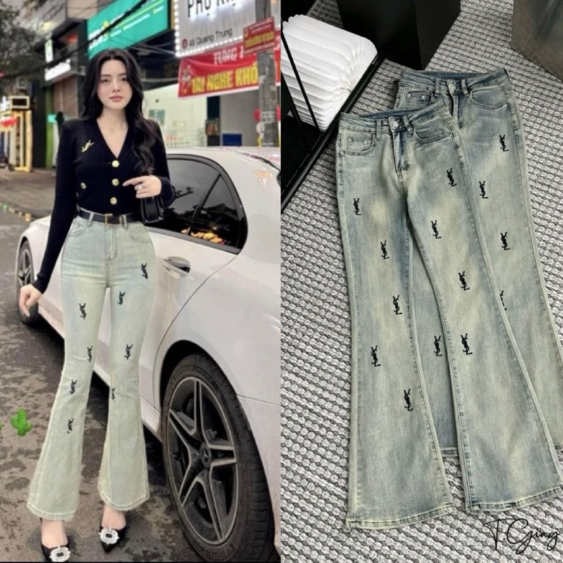 Quần jeans ống loe, quần jeans lưng cao hoạ tiết hot 2033