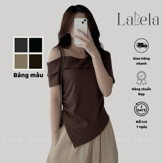 Áo thun dây vai bigsize rút dây bên hông labela, áo trễ vai vạt chéo dây rút bigsize, áo thun cổ thuyền vạt chéo 207