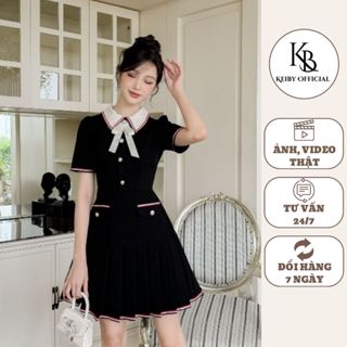 Đầm Nữ Liền Xếp Ly KEIBY Cổ Bẻ Kèm Nơ Trắng Trẻ Trung Năng Động SET06