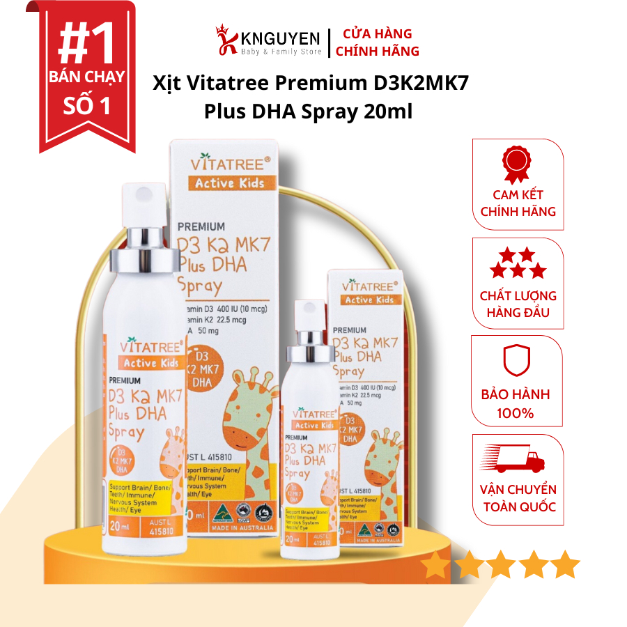 Xịt Vitatree Premium D3K2MK7 Plus DHA Spray 20ml giúp bé cao lớn và thông