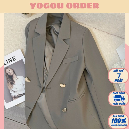 Áo vest tay dài hai màu cơ bản xám/đen, thiết kế trơn phối cúc hạt đậu vàng phom rộng phong cách Hàn Quốc- Yogou Order