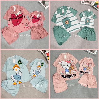Set đồ đôi mẹ và bé pijama mặc nhà, dáng cộc - đùi vải lụa xước