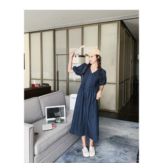 [QM01] Váy babydoll jeans cổ V xếp li ngực dáng rộng, đầm denim phong thụng kiểu dáng Vintage Hàn Quốc
