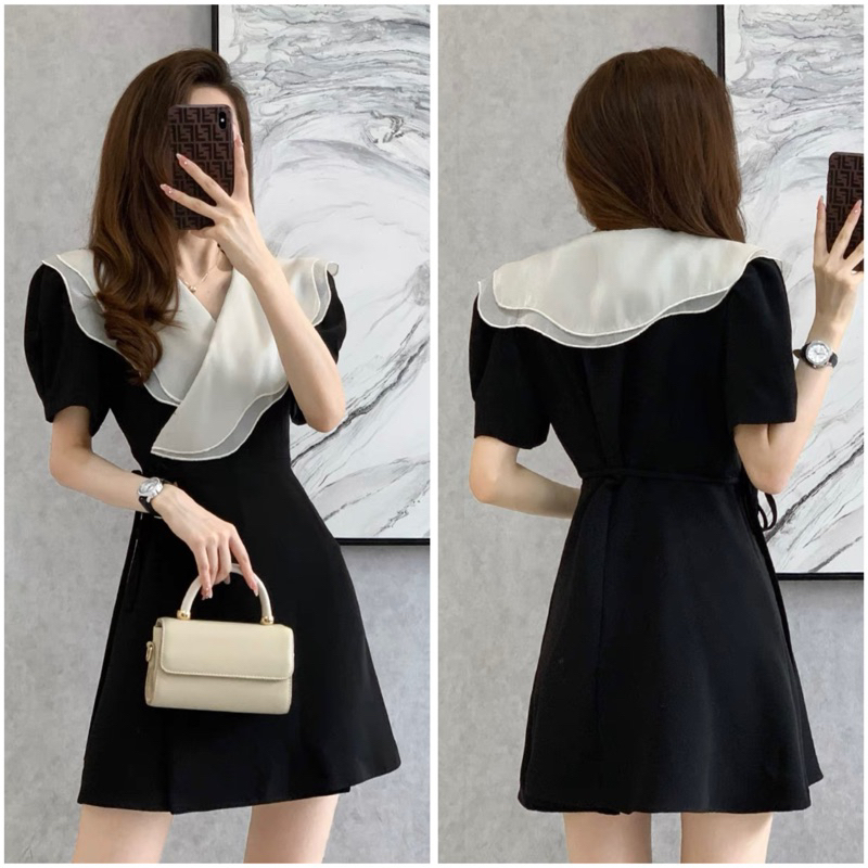 Đầm đen phối cổ bèo trắng form ngắn (kèm hình thật)