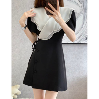 Đầm đen phối cổ bèo trắng form ngắn (kèm hình thật)