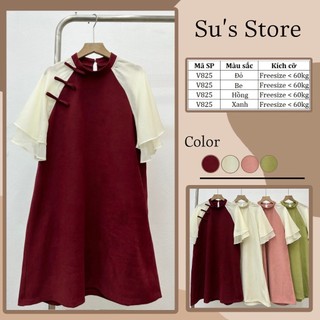 Váy Cách Tân Nhung Chéo Phối Tay Voan Hai Tầng V825 Su Chang Top Thời Trang Nữ Bigsize Dress