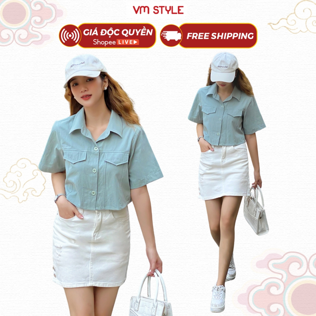 Áo sơ mi nữ VMSTYLE tay ngắn croptop 2 nắp túi trơn nhiều màu VM96 - SMU00142