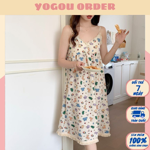 Đầm ngủ đũi Ulzzang thiết kế hai dây sẵn mút ngực hoạ tiết hoạt hình dễ thương-Yogou Order