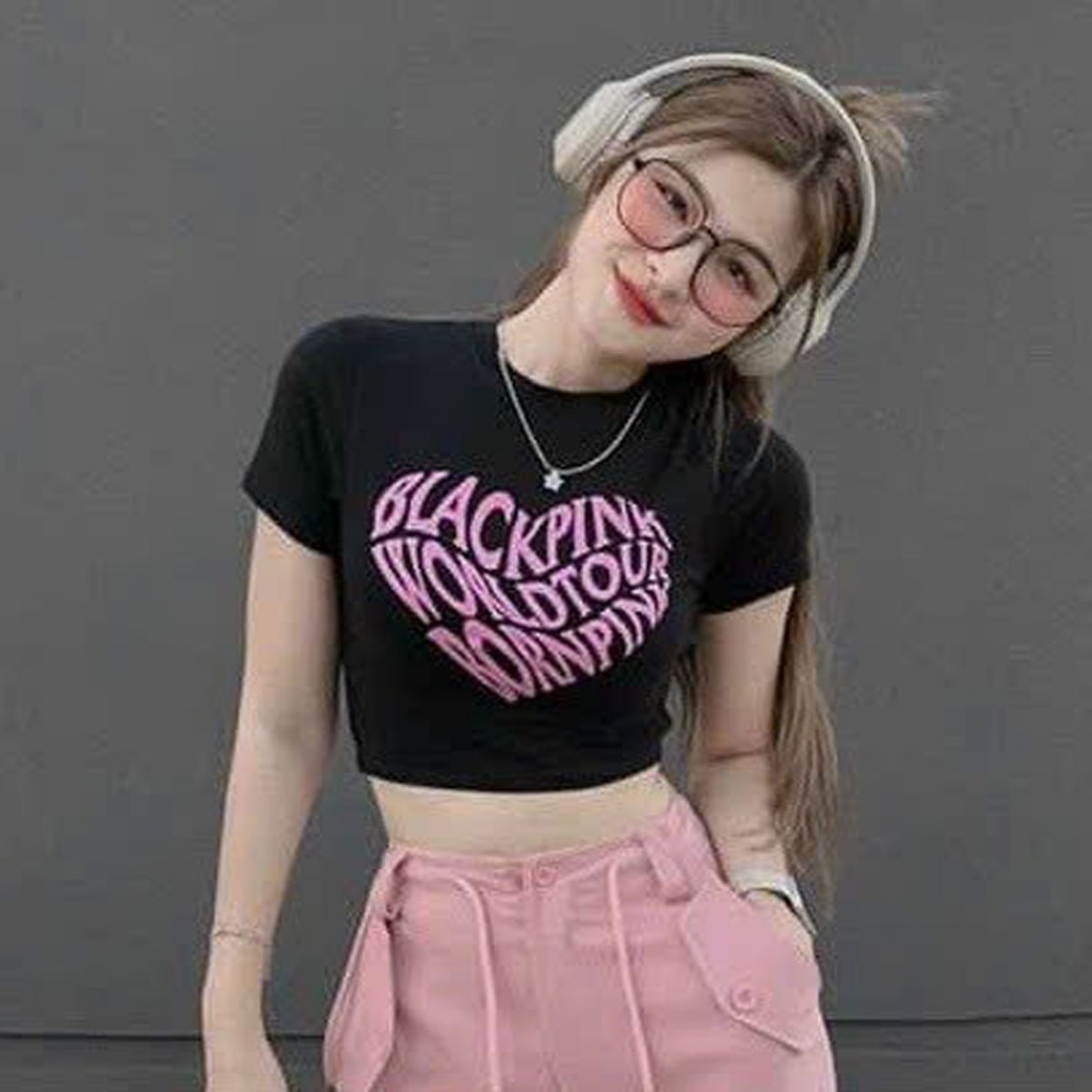 Áo thun croptop chất thun lụa in hình trái tim Blackpink