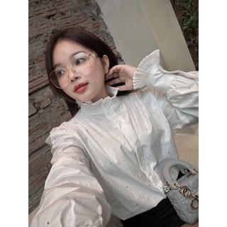 Empinkclothing - áo somi trắng đính đá cổ tròn tay loe