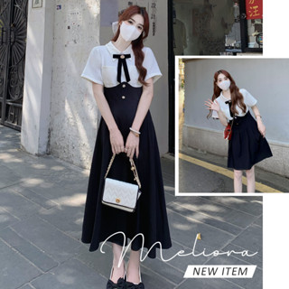 Đầm tiểu thư cổ nơ phối đen trắng ngọt ngào thanh lịch dáng ngắn dài