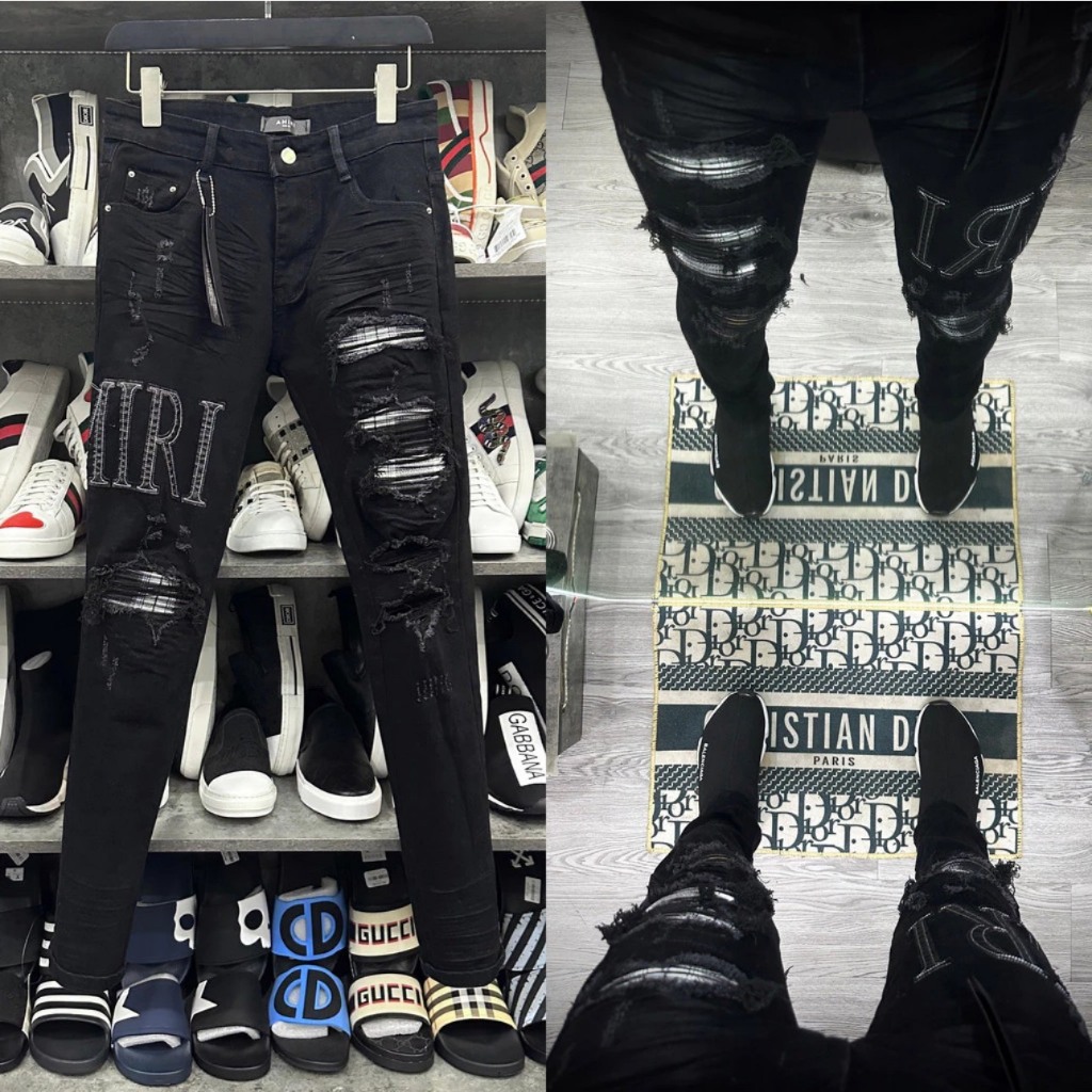 Quẩn jean bò nam Arimi skinny đen thuê chữ da đùi phối rách xù vá vải nhăn sọc đen trắng boy phố chuyên đi chơi