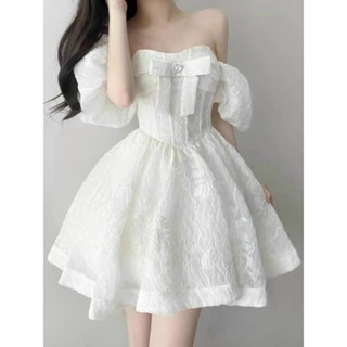  Đầm thời trang nữ dễ thương chất gấm áo tay ngắn bèo phồng trễ vai phối nơ ngực cute dáng váy xép ly xoè dài mini 