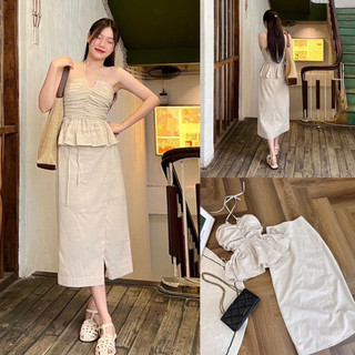 Set áo voan tơ bèo td + chân váy midi nhọn nude