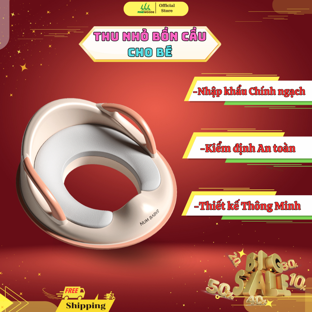 Bệ Thu Nhỏ Bồn Cầu Cho Bé Ngồi Trên Toilet Đi Vệ Sinh Tự Lập Numbabys Cao Cấp, Chống Trơn Trượt, Thoáng Mát Có Tay Nắm