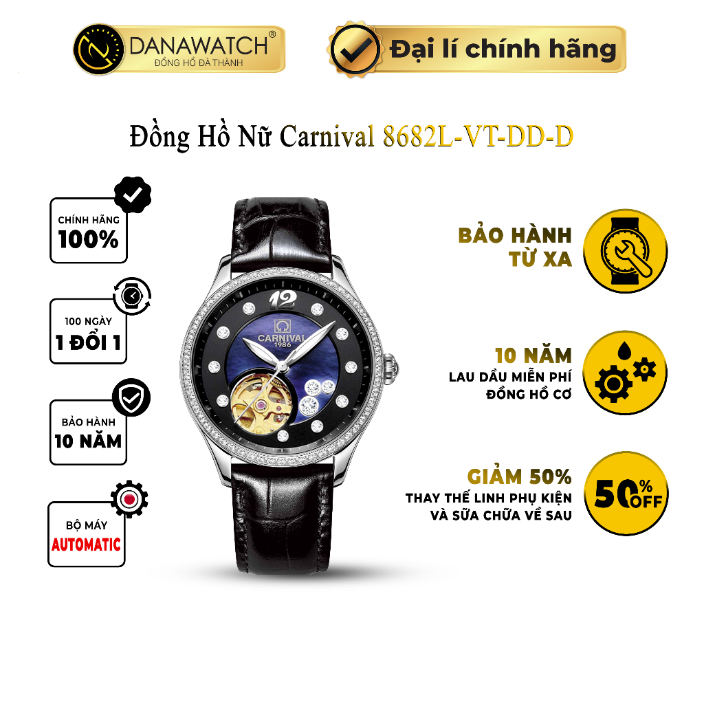 Đồng hồ nữ Carnival 8682L-VT-DD-D lộ cơ, máy Automatic Japan, kính sapphire, dây da, chống nước, chính hãng