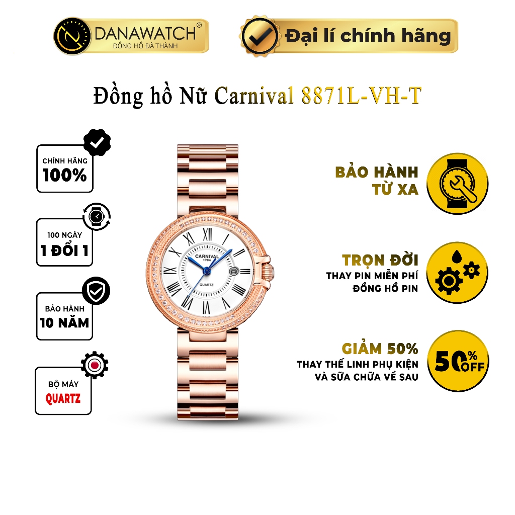 Đồng hồ nữ Carnival 8871L-VH-T máy Japan Miyota, kính sapphire, dây kim loại, chống nước, chính hãng