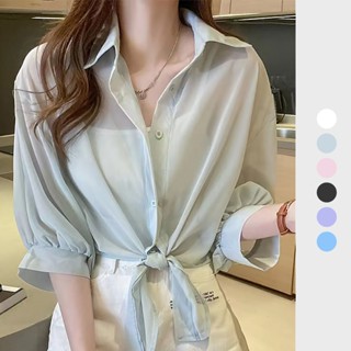 Áo sơ mi croptop nữ tay phồng vải voan khoác ngoài đi biển đi chơi - phối mọi outfits - AV03