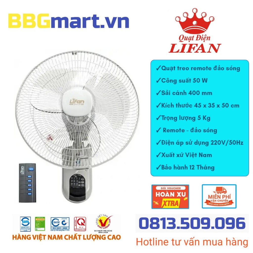 QUẠT TREO TƯỜNG LIFAN TE1689 có remote, đảo hình sóng, chuyển hướng gió lên xuống