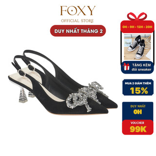 Giày cao gót nữ FOXY 7cm mũi nhọn dáng slingback khuyết eo màu đen gắn nơ - FOX083
