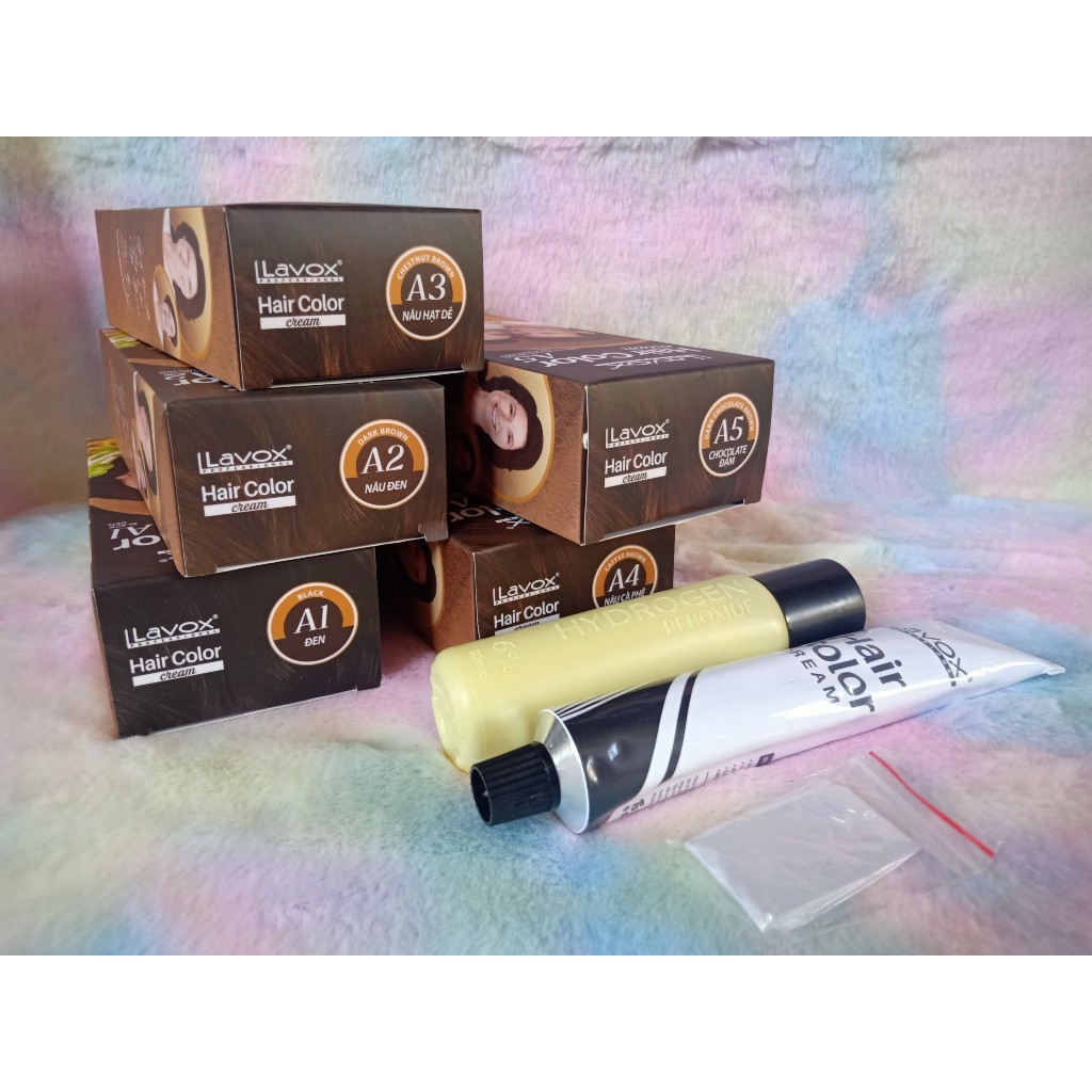 Kem nhuộm phủ bạc Lavox có 3 màu tương ứng đen - nâu đen - nâu
