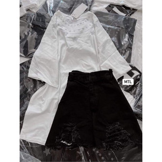 Set bộ áo thun sao in nhũ mix quần jean rách