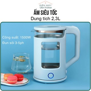 Ấm siêu tốc bình đun nước siêu tốc thủy tinh dung tích 2.3L đun sôi nhanh tay cầm cách nhiệt tự ngắt khi sôi