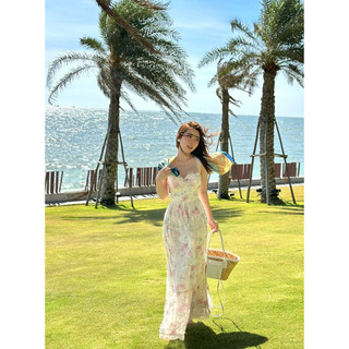 Đầm maxi hoa 2 dây viền ren ly