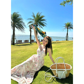 Đầm maxi hoa 2 dây viền ren ly