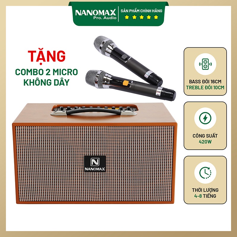 Loa Xách Tay Loa Kéo Karaoke Mini Nanomax X-210A Bass Đôi 16cm Công Suất 420w Tặng Kèm 2 Mic UHF Chống Hú Chưa Có Đánh G