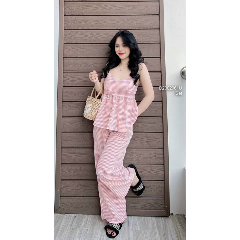 Set bộ áo caro babydoll 2 dây phối quần ống suông dài sang trọng VIENS STORE