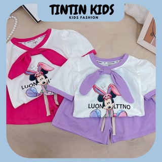 Bộ cotton thun cộc tay nơ in hình micky cho bé gái 6-16kg 