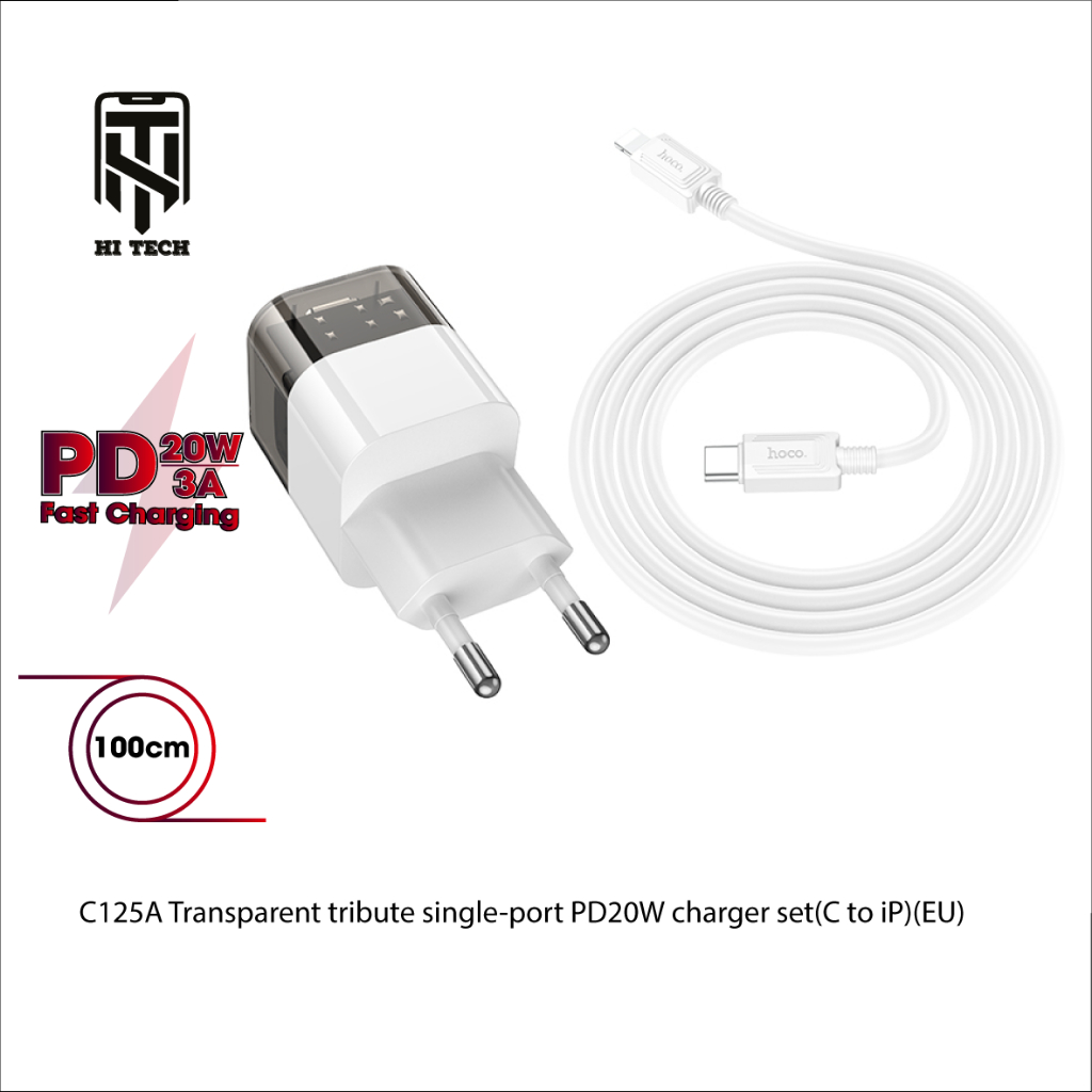 Bộ sạc nhanh PD20W Type-C Hoco C125A vật liệu PC + ABS chống cháy,chân tròn, dài 1m.