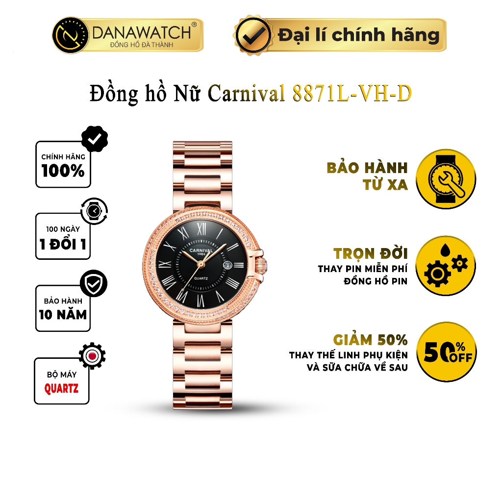 Đồng hồ nữ Carnival 8871L-VH-D máy Japan Miyota, kính sapphire, dây kim loại, chống nước, chính hãng