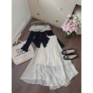 Set bộ thời trang nữ chất thun áo cổ tròn trễ vai tay dài phối lưới chẻ đuôi tômbèo chân váy xước dáng váy xoè dài maxi