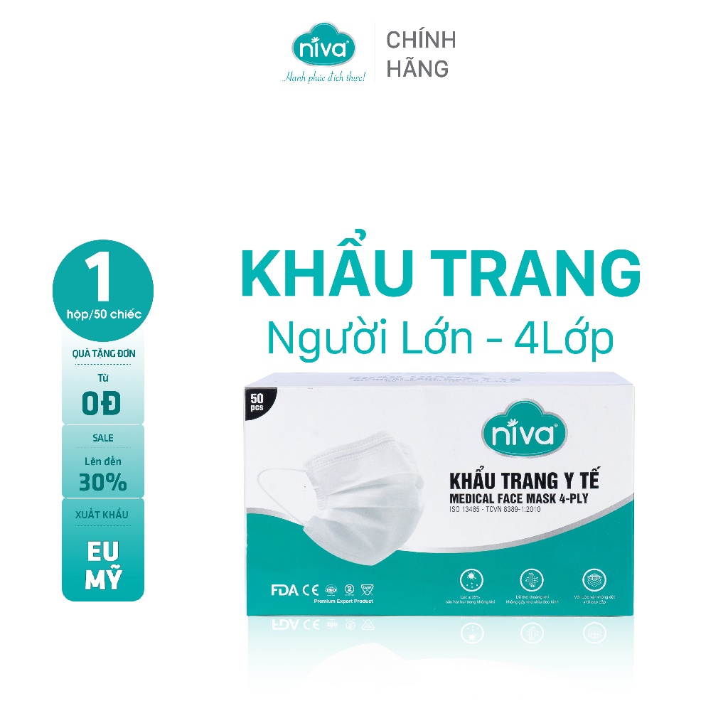 1 Thùng 60 Hộp Khẩu Trang Y Tế 4 Lớp NIVA Hộp 50 Cái Kháng Khuẩn, Ngăn Khói Bụi, Ngăn Vi Khuẩn, Hàng Chính Hãng Cao Cấp