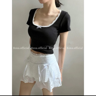 Áo thun cộc tay cổ tròn viền ren đính nơ MOLLY COQUETTE TOP